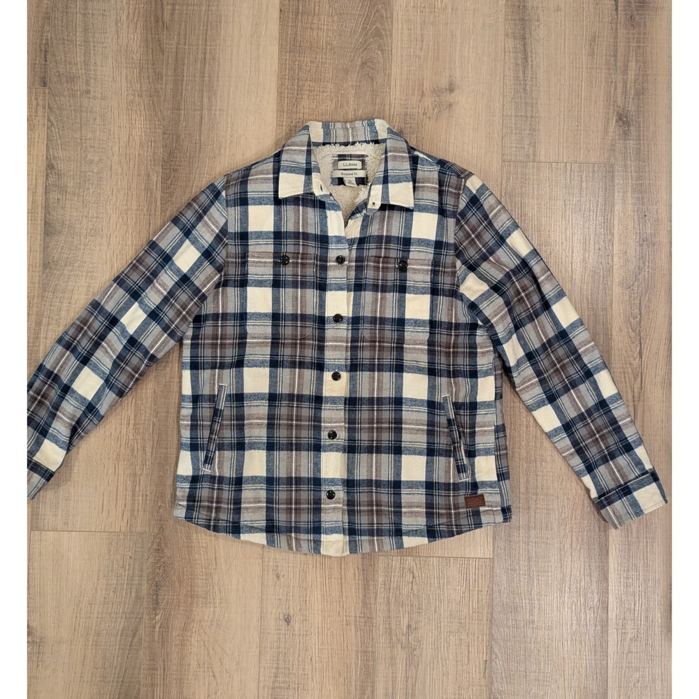 L.L. Bean Fleece Lined Flannel Shirt Jacket Womens XS Petite Blue Plaid 508979